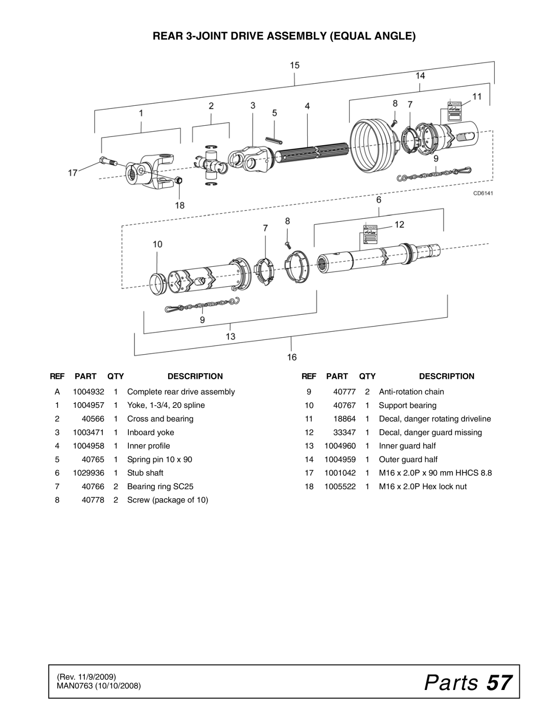 Woods Equipment BW240HDQ manual Rear 3-JOINT Drive Assembly Equal Angle 