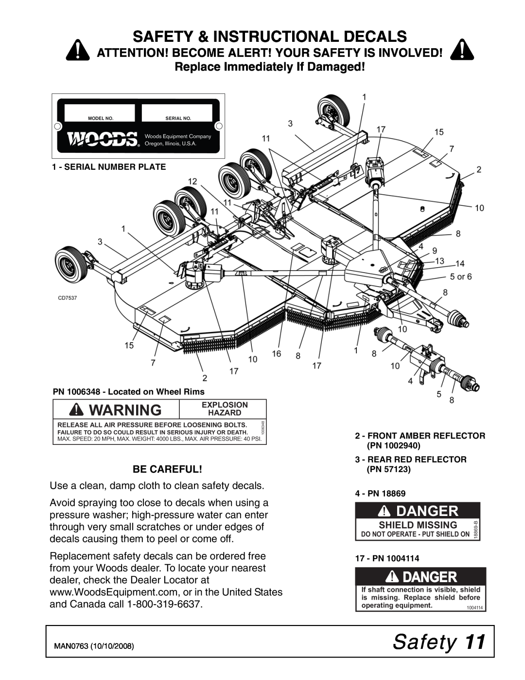 Woods Equipment BW240HD manual Safety & Instructional Decals, Danger, Attention! Become Alert! Your Safety Is Involved, Pn 