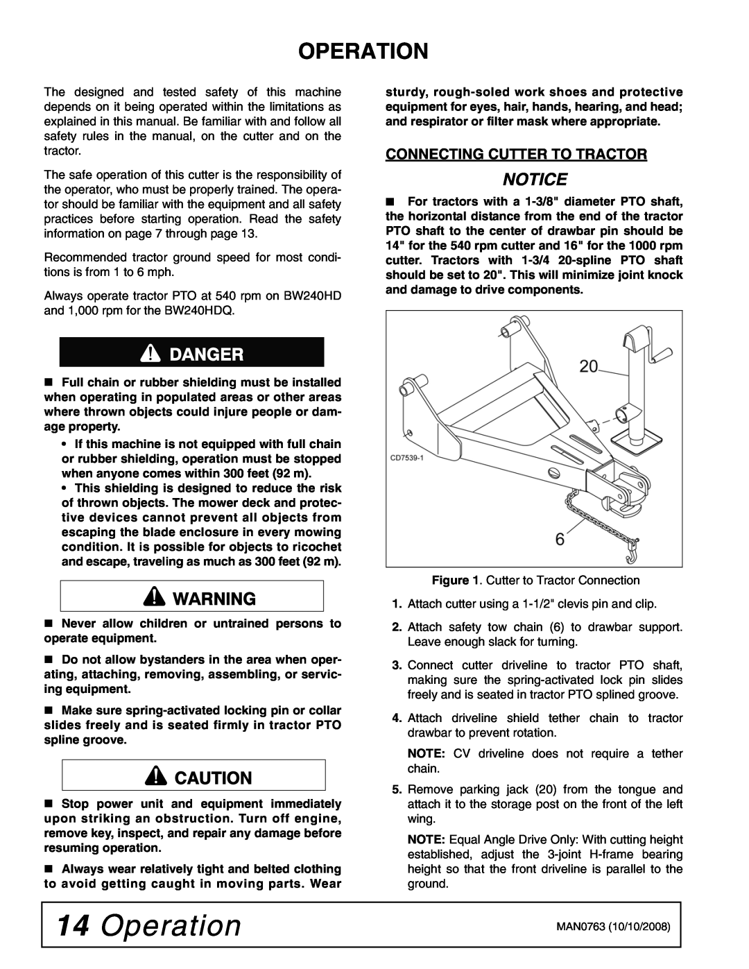 Woods Equipment BW240HDQ manual Operation, Connecting Cutter To Tractor 