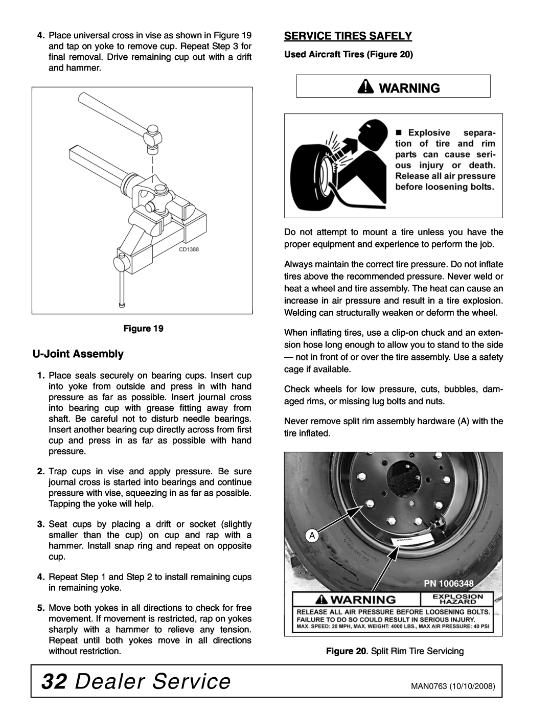Woods Equipment BW240HDQ manual Dealer Service, U-Joint Assembly, Service Tires Safely 