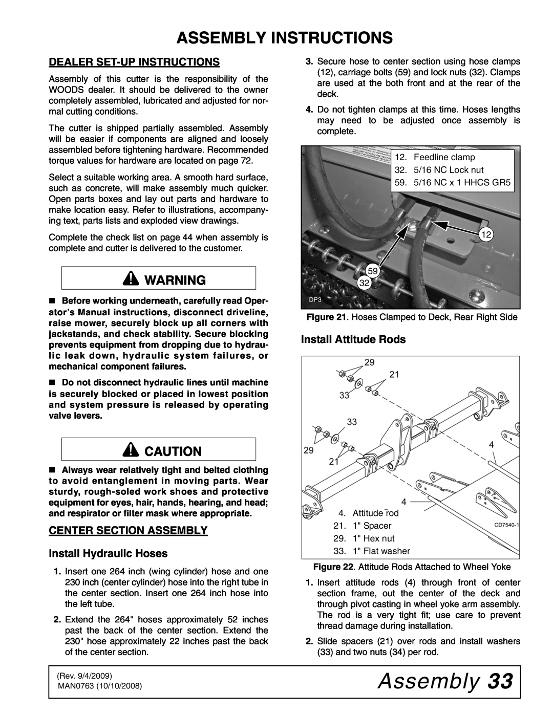 Woods Equipment BW240HDQ manual Assembly Instructions, Dealer Set-Up Instructions, Install Attitude Rods 