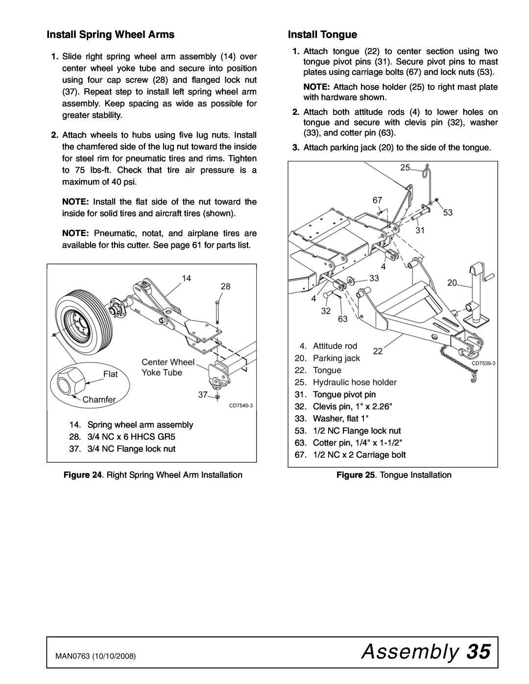 Woods Equipment BW240HDQ manual Assembly, Install Spring Wheel Arms, Install Tongue 