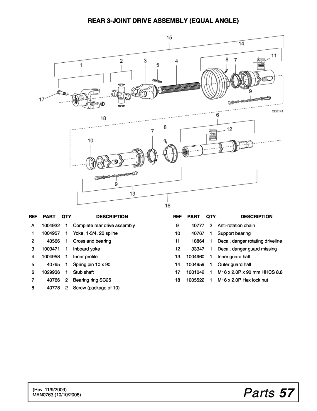 Woods Equipment BW240HDQ manual Parts, REAR 3-JOINT DRIVE ASSEMBLY EQUAL ANGLE, Description 