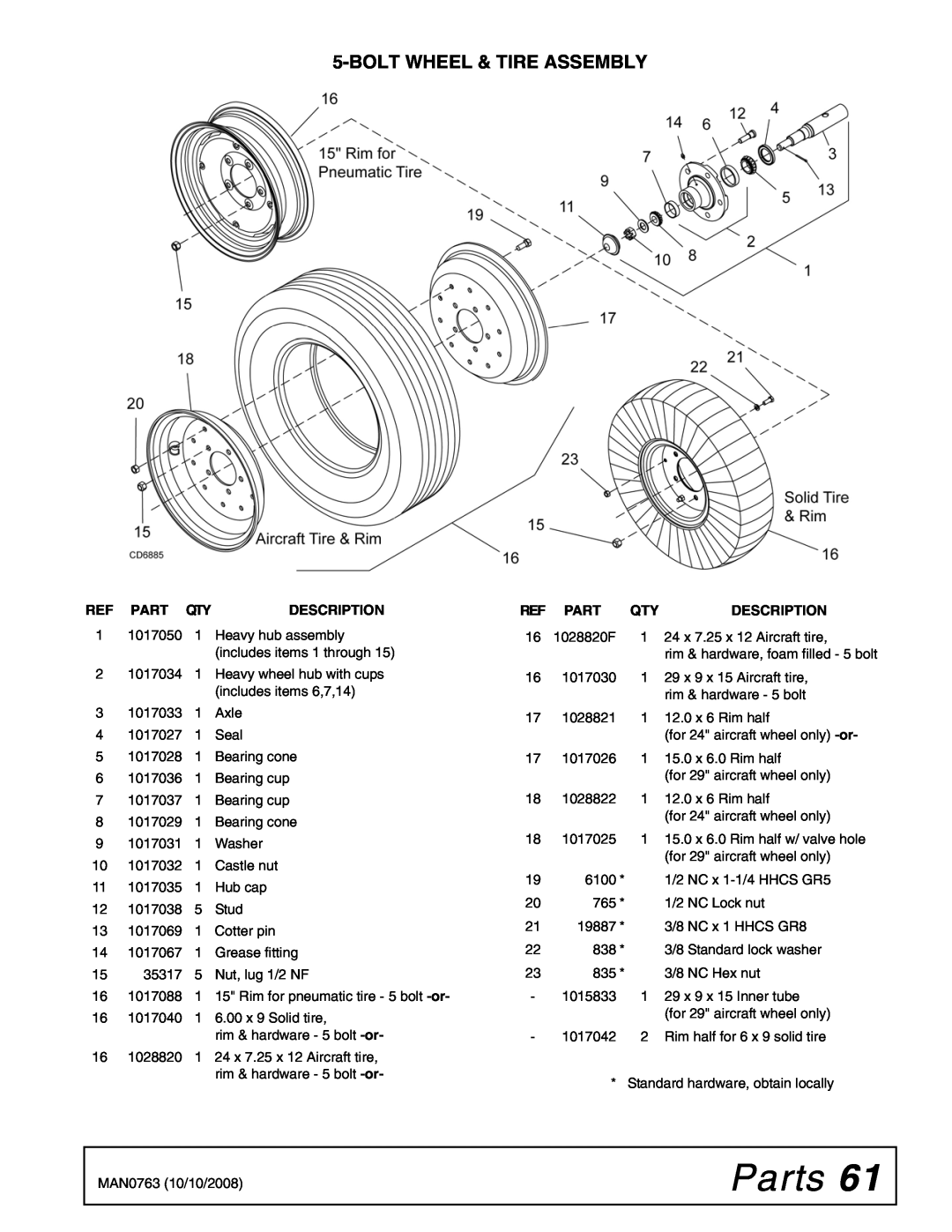 Woods Equipment BW240HDQ manual Parts, Bolt Wheel & Tire Assembly, Ref Part Qty, Description 