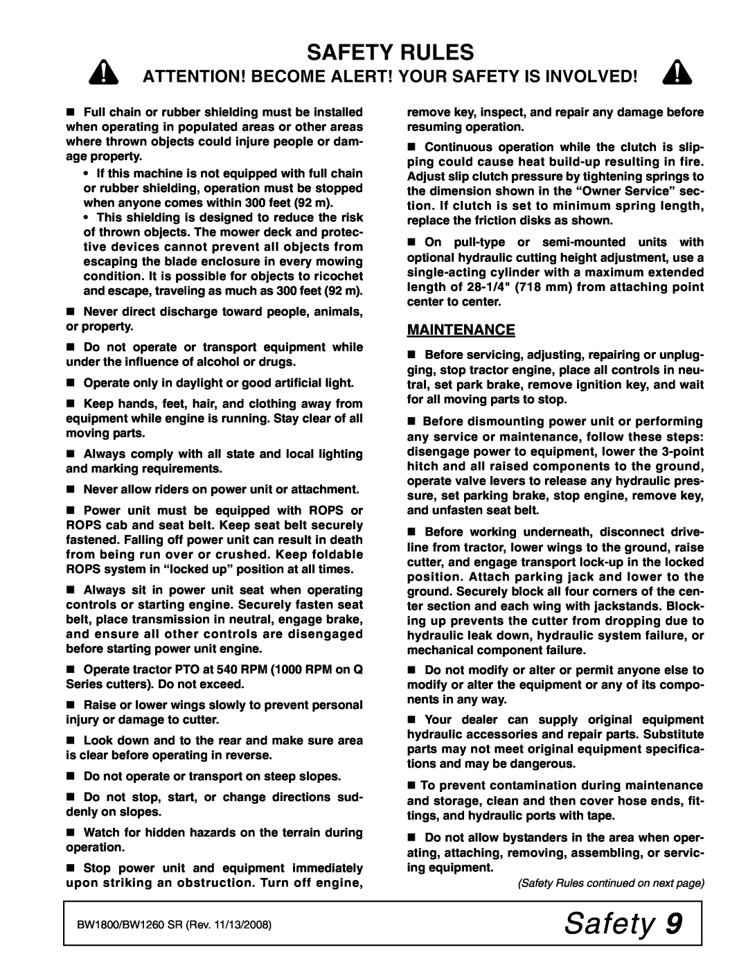 Woods Equipment BW240HDQ manual Safety Rules, Attention! Become Alert! Your Safety Is Involved, Maintenance 