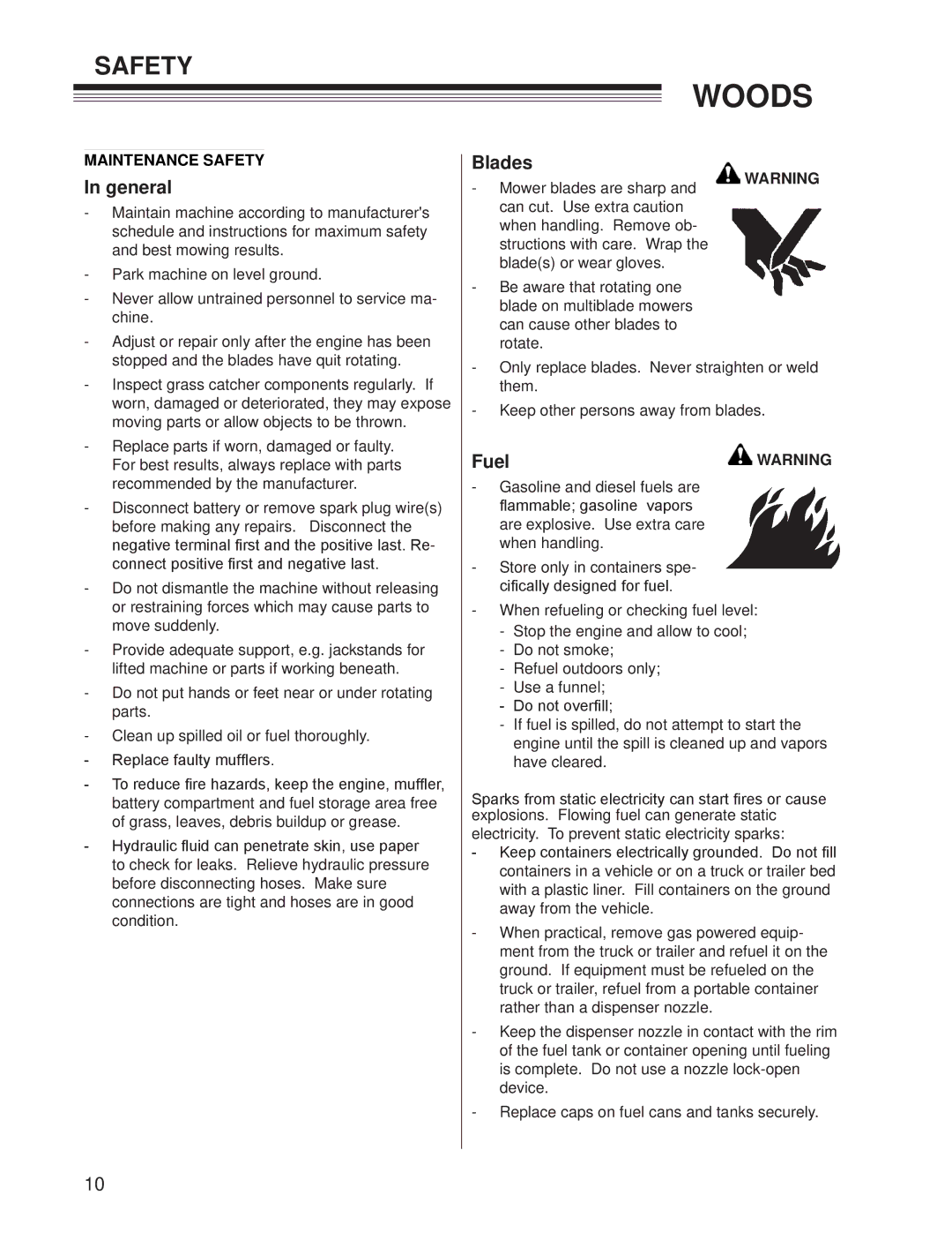 Woods Equipment CZR2652B, CZR2242B manual Fuel, Maintenance Safety 