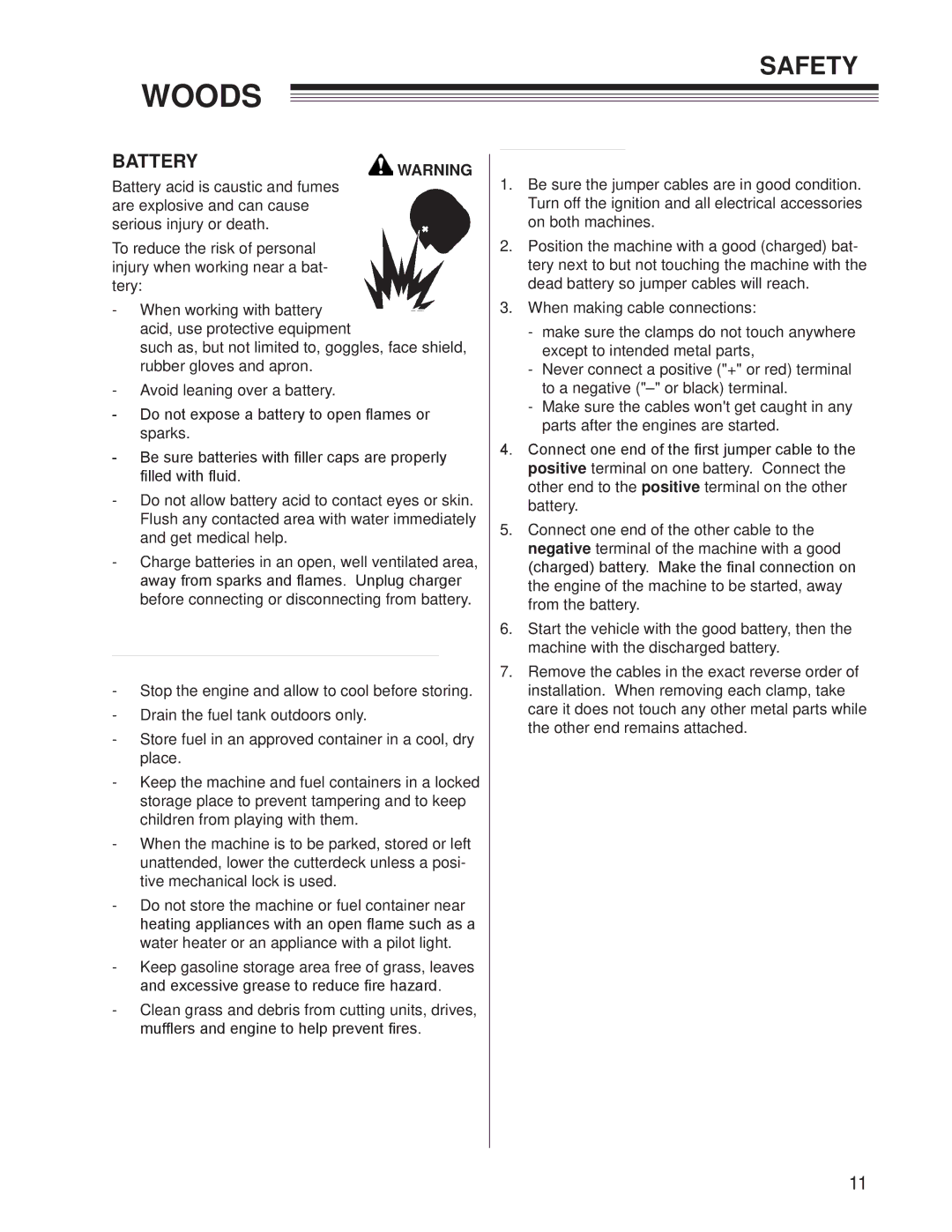 Woods Equipment CZR2242B, CZR2652B manual Battery Warning, Transportation and Storage Safety 