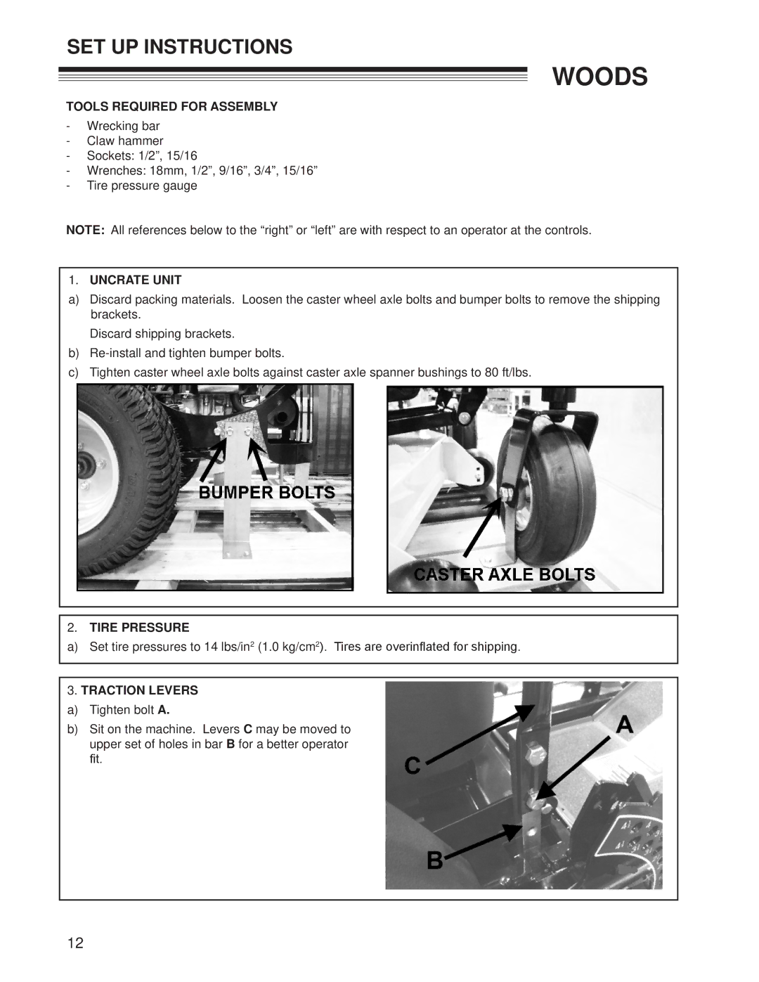 Woods Equipment CZR2652B, CZR2242B manual Tools Required for Assembly, Uncrate Unit, Tire Pressure, Traction Levers 