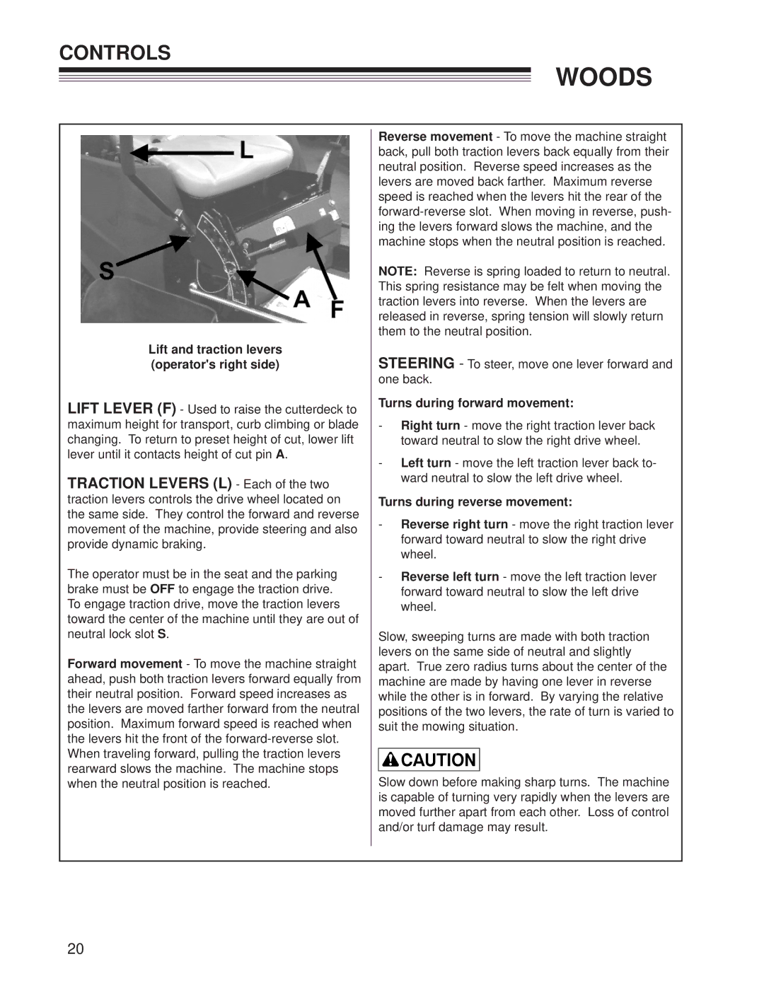 Woods Equipment CZR2652B, CZR2242B manual Lift and traction levers operators right side 