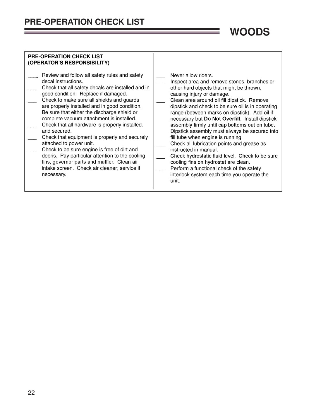 Woods Equipment CZR2652B, CZR2242B manual PRE-OPERATION Check List OPERATOR’S Responsibility 