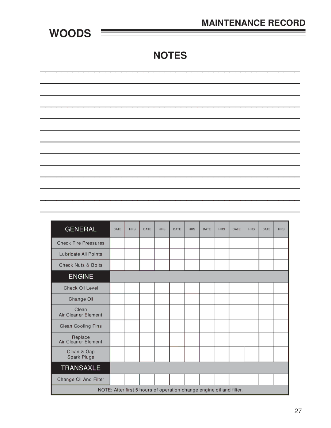 Woods Equipment CZR2242B, CZR2652B manual Maintenance Record 