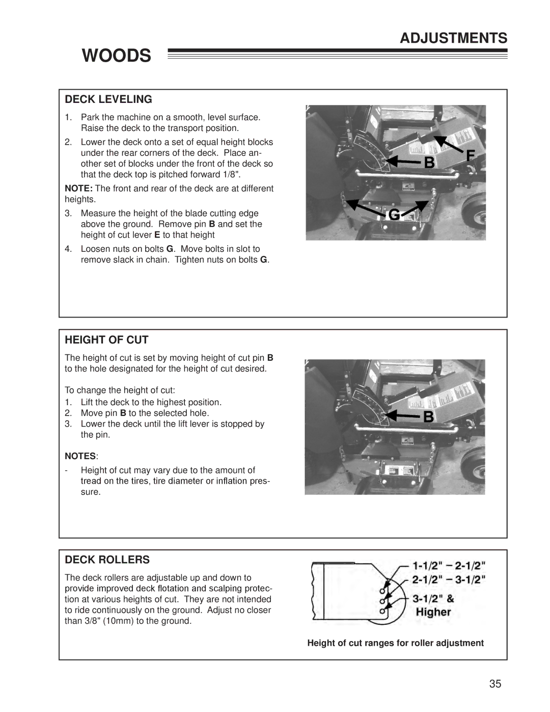 Woods Equipment CZR2242B, CZR2652B manual Deck Leveling, Height of CUT, Deck Rollers 