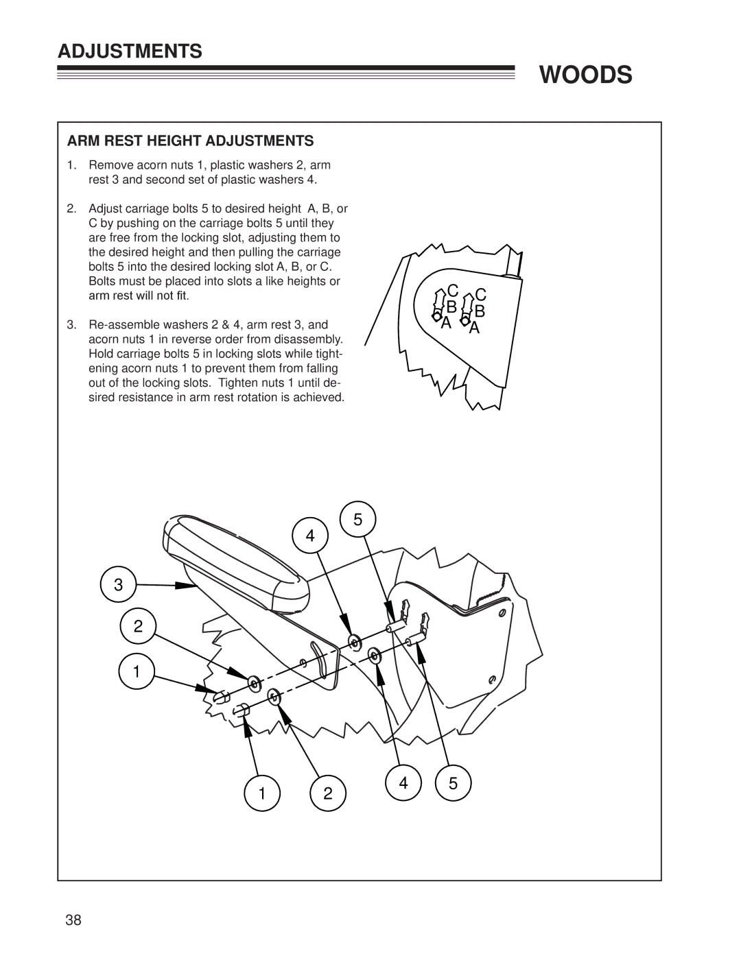 Woods Equipment CZR2652B, CZR2242B manual ARM Rest Height Adjustments 