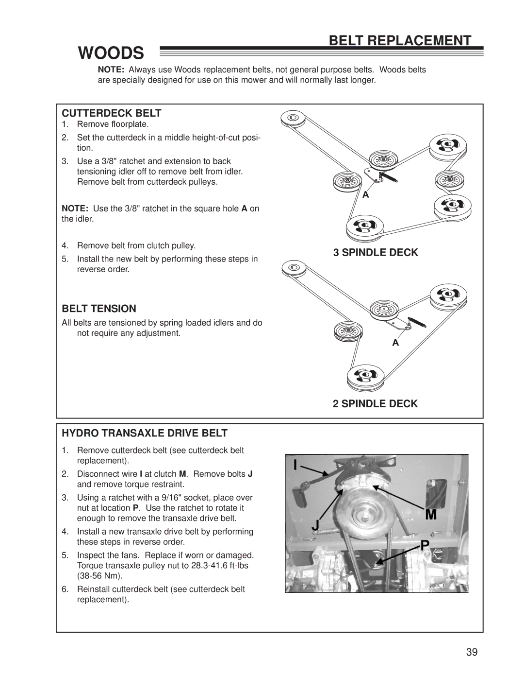 Woods Equipment CZR2242B, CZR2652B manual Cutterdeck Belt, Belt Tension, Spindle Deck Hydro Transaxle Drive Belt 