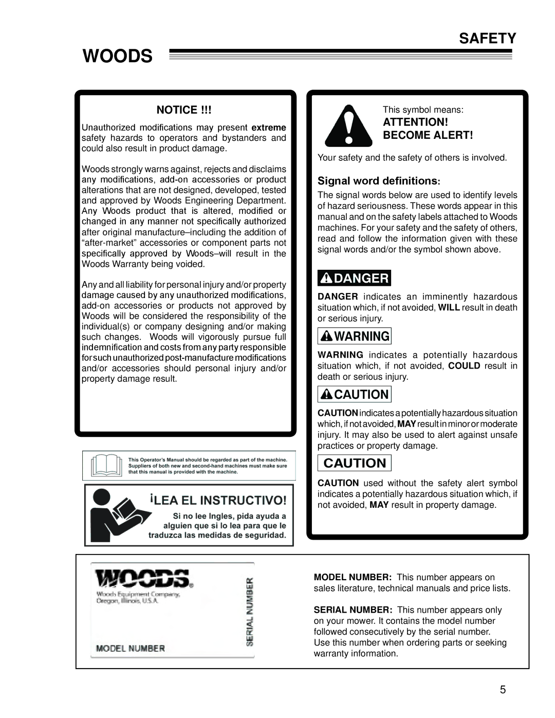 Woods Equipment CZR2242B, CZR2652B manual Become Alert, Signal word definitions 