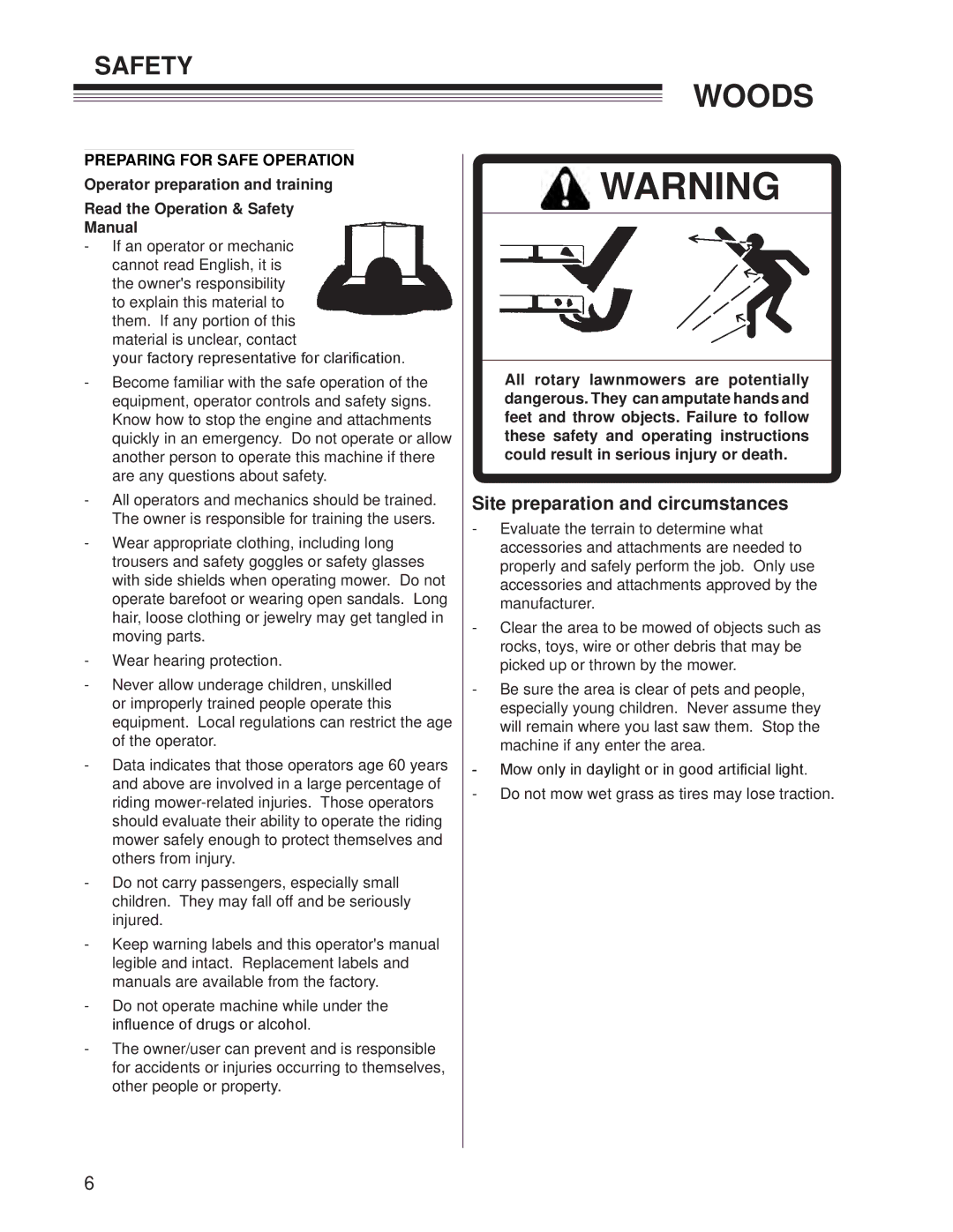 Woods Equipment CZR2652B, CZR2242B manual Site preparation and circumstances, Preparing for Safe Operation 