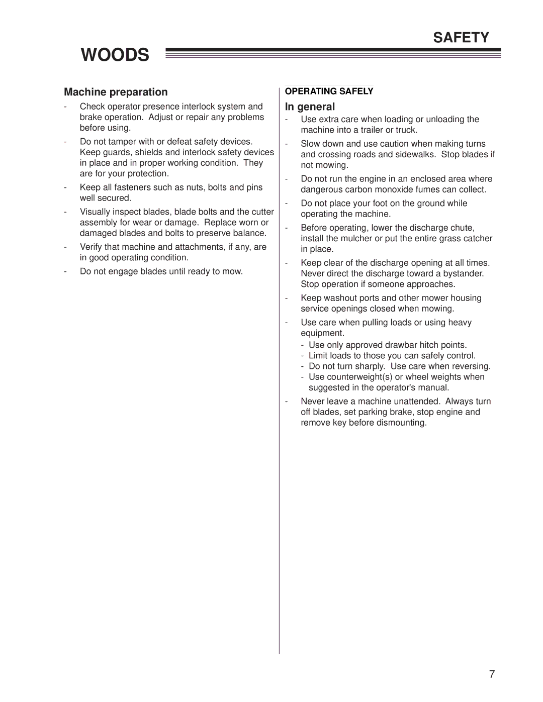 Woods Equipment CZR2242B, CZR2652B manual General, Operating Safely 