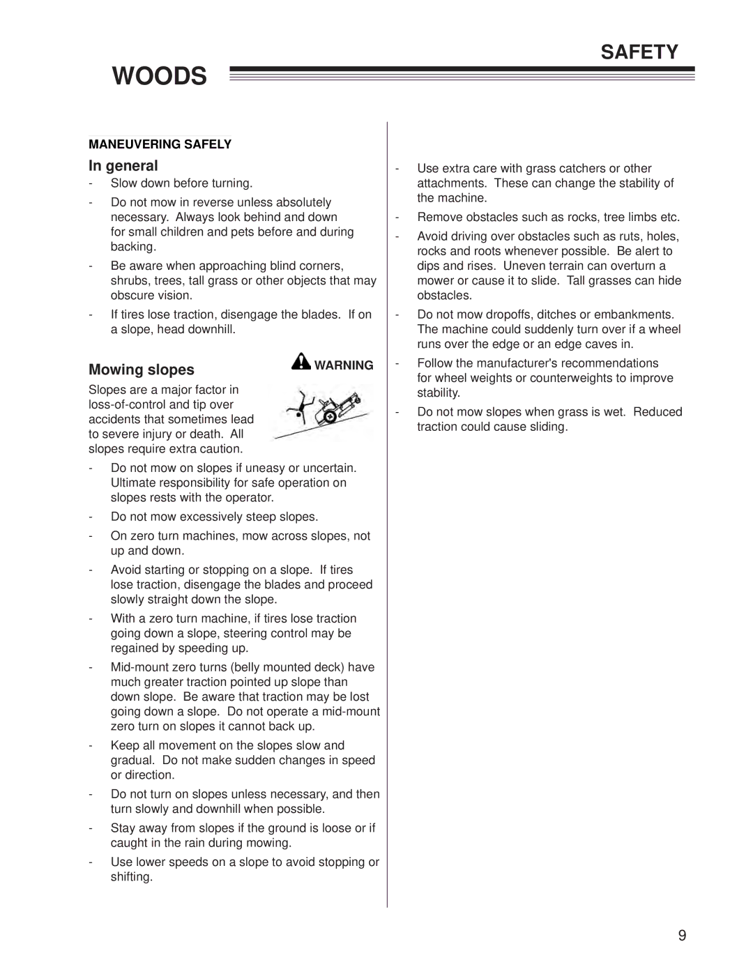 Woods Equipment CZR2242B, CZR2652B manual Mowing slopes, Maneuvering Safely 