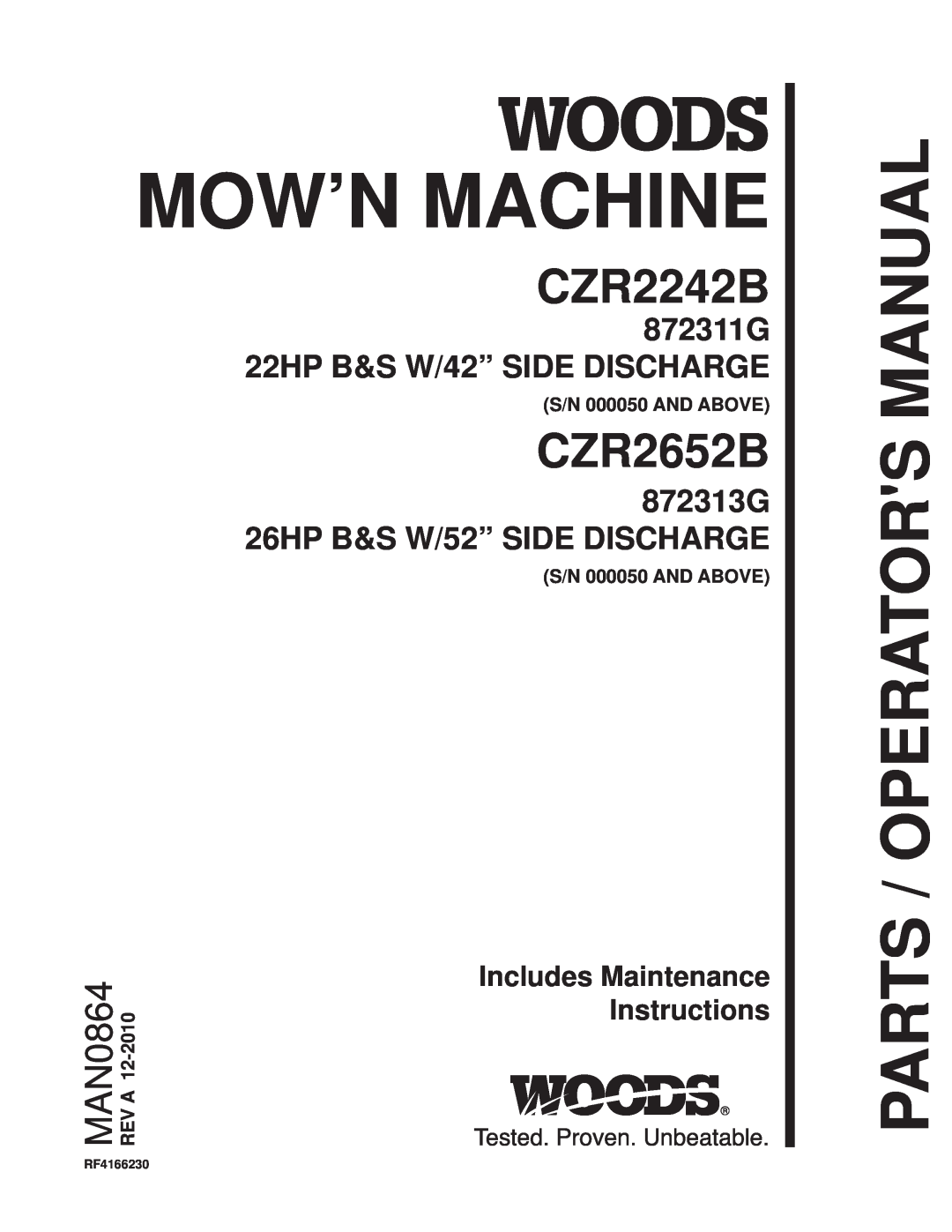 Woods Equipment CZR2242B manual 872311G 22HP B&S W/42” SIDE DISCHARGE, 872313G 26HP B&S W/52” SIDE DISCHARGE, 2010-12AREV 