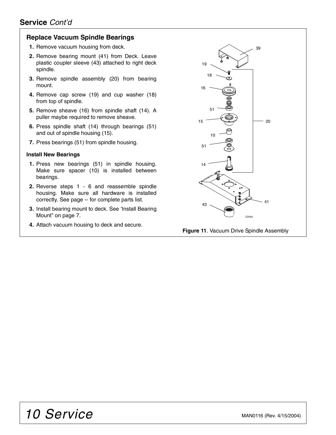 Woods Equipment D5221T, D6121T manual Replace Vacuum Spindle Bearings, Attach vacuum housing to deck and secure 