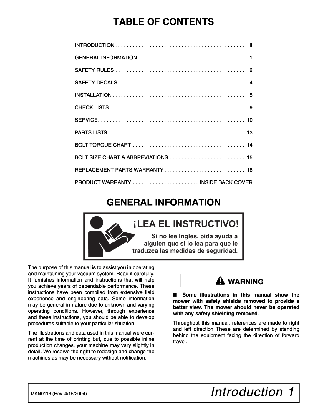 Woods Equipment D6121T, D5221T manual Introduction, Table Of Contents, General Information 
