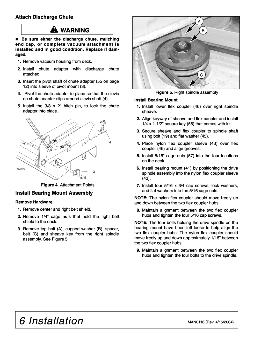Woods Equipment D5221T, D6121T manual Installation, Install Bearing Mount Assembly, Remove Hardware 