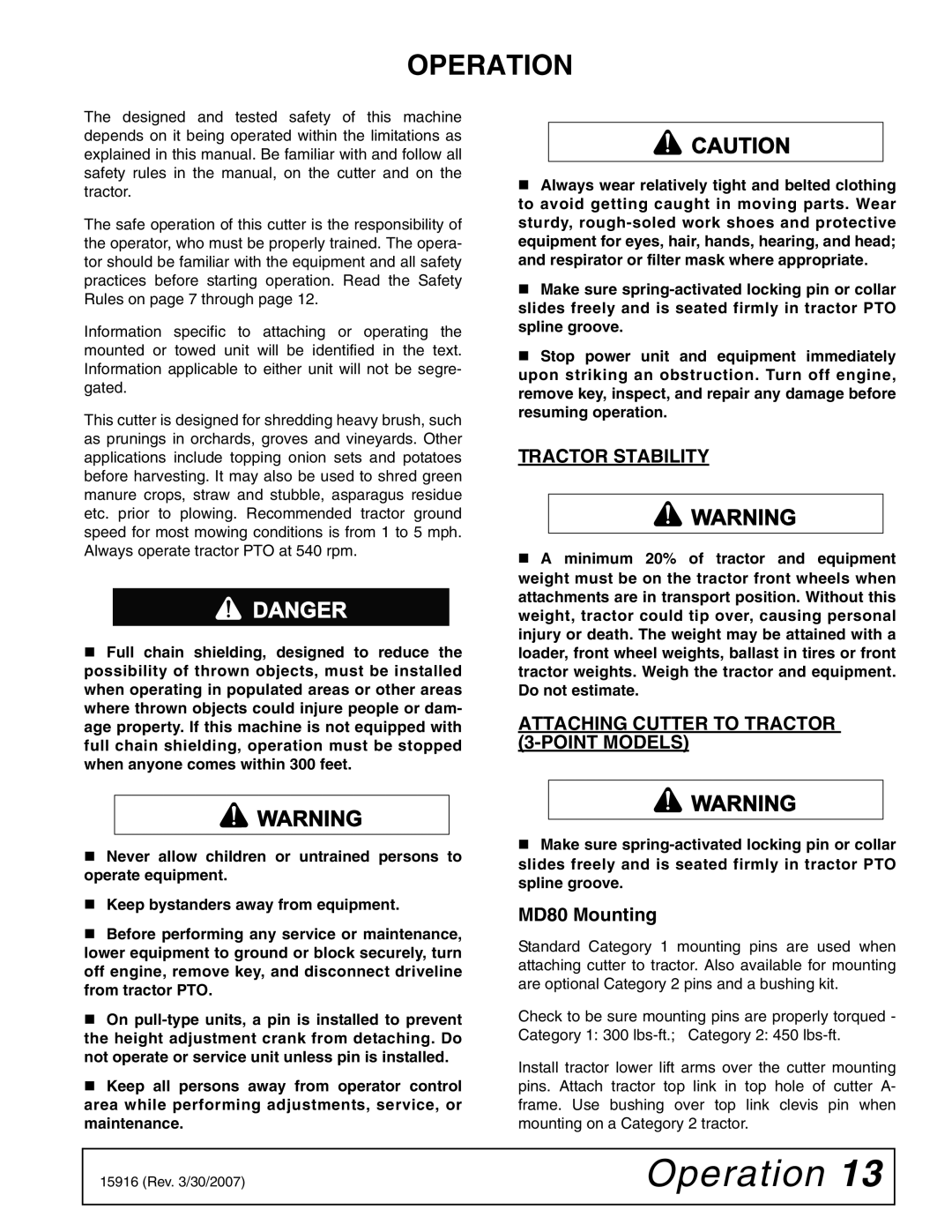 Woods Equipment MDO80-2 manual Operation, Tractor Stability, Attaching Cutter to Tractor 3-POINT Models, MD80 Mounting 