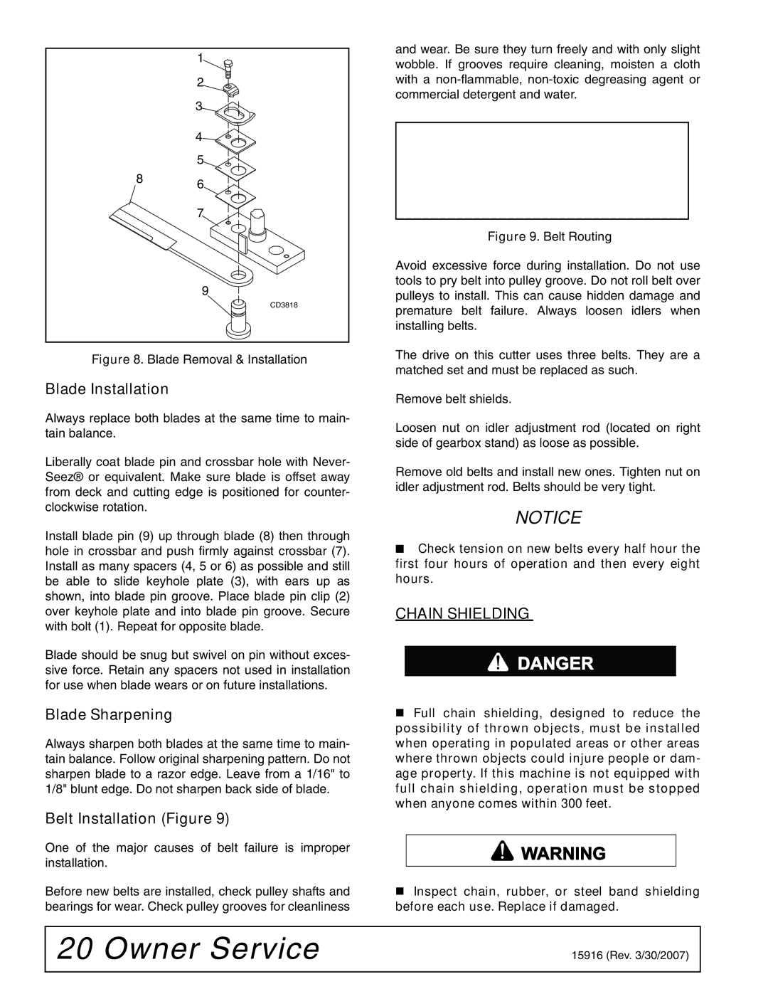 Woods Equipment MDO80-2 manual Blade Installation, Blade Sharpening, Belt Installation Figure, Chain Shielding 