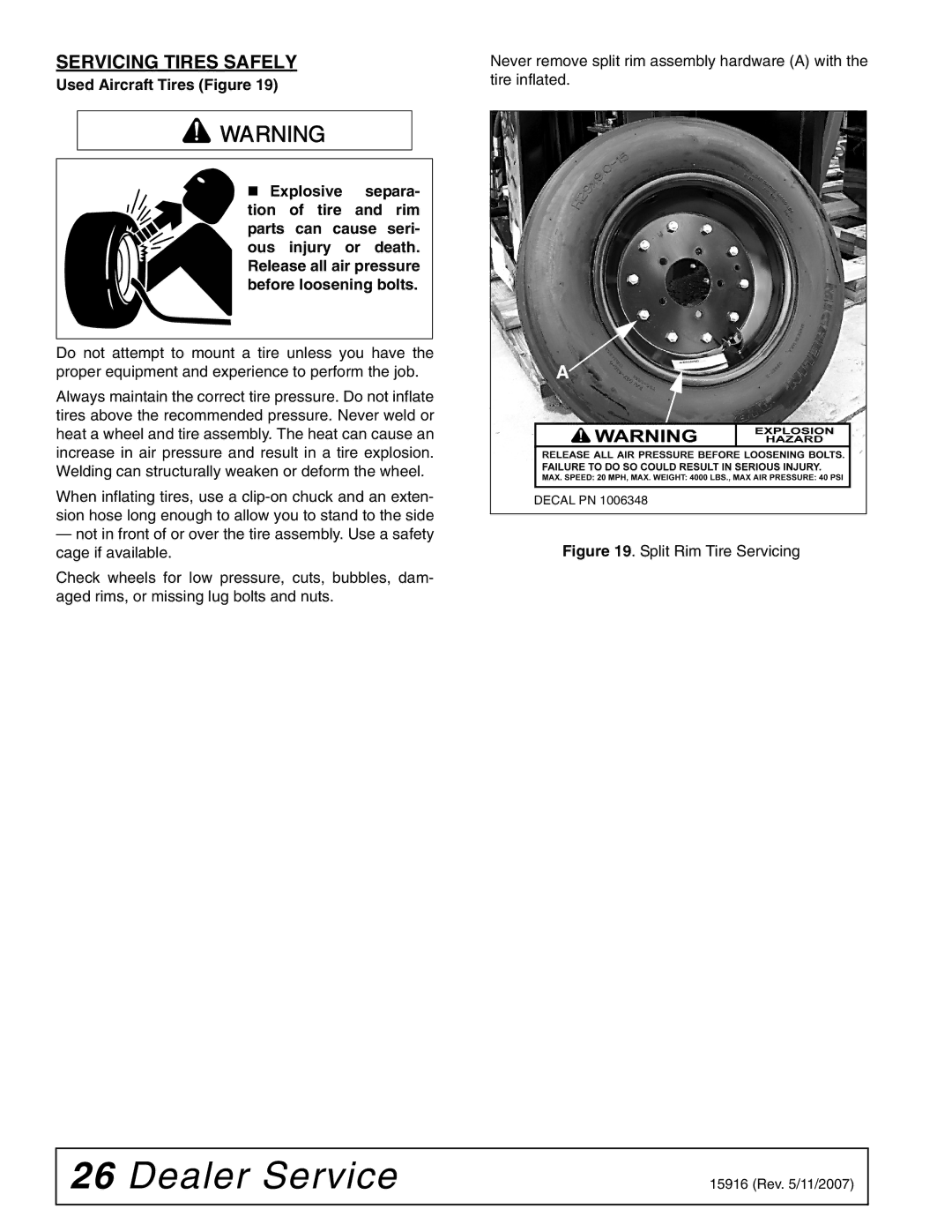 Woods Equipment MDO80-2 manual Servicing Tires Safely 