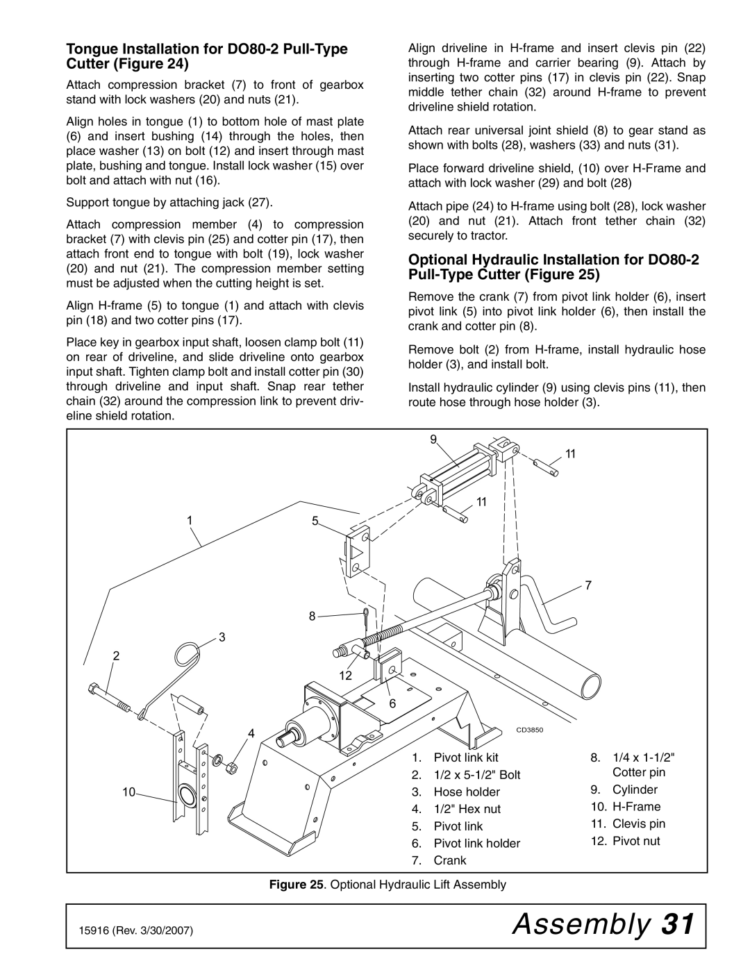 Woods Equipment MDO80-2 manual Tongue Installation for DO80-2 Pull-Type Cutter Figure, Optional Hydraulic Lift Assembly 