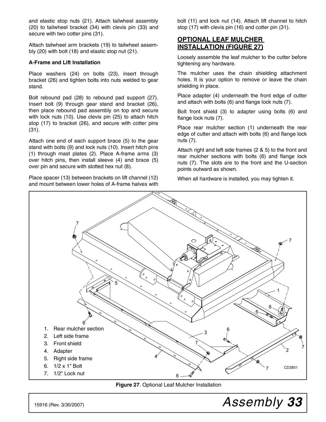 Woods Equipment MDO80-2 manual Optional Leaf Mulcher Installation Figure, Frame and Lift Installation 