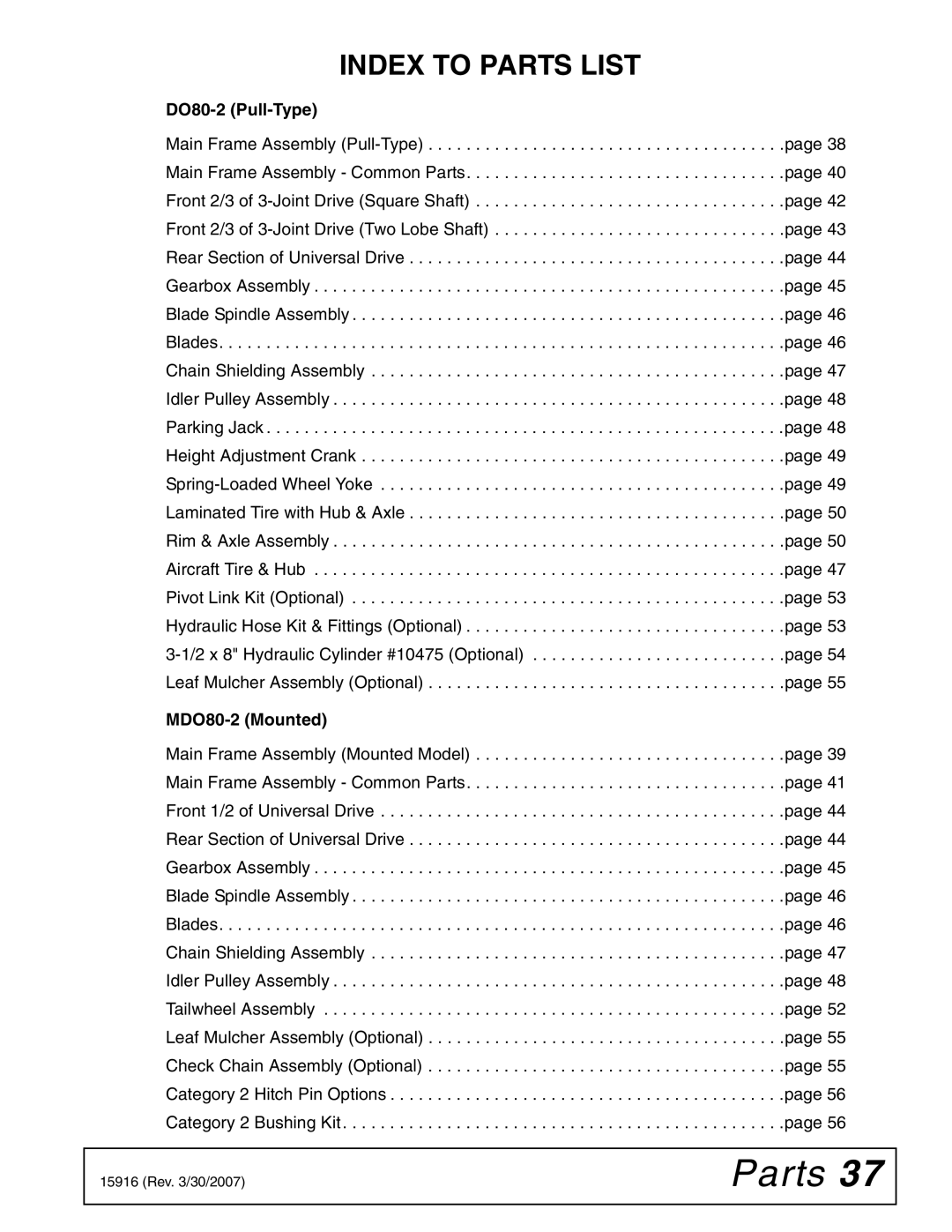 Woods Equipment MDO80-2 manual Index to Parts List 