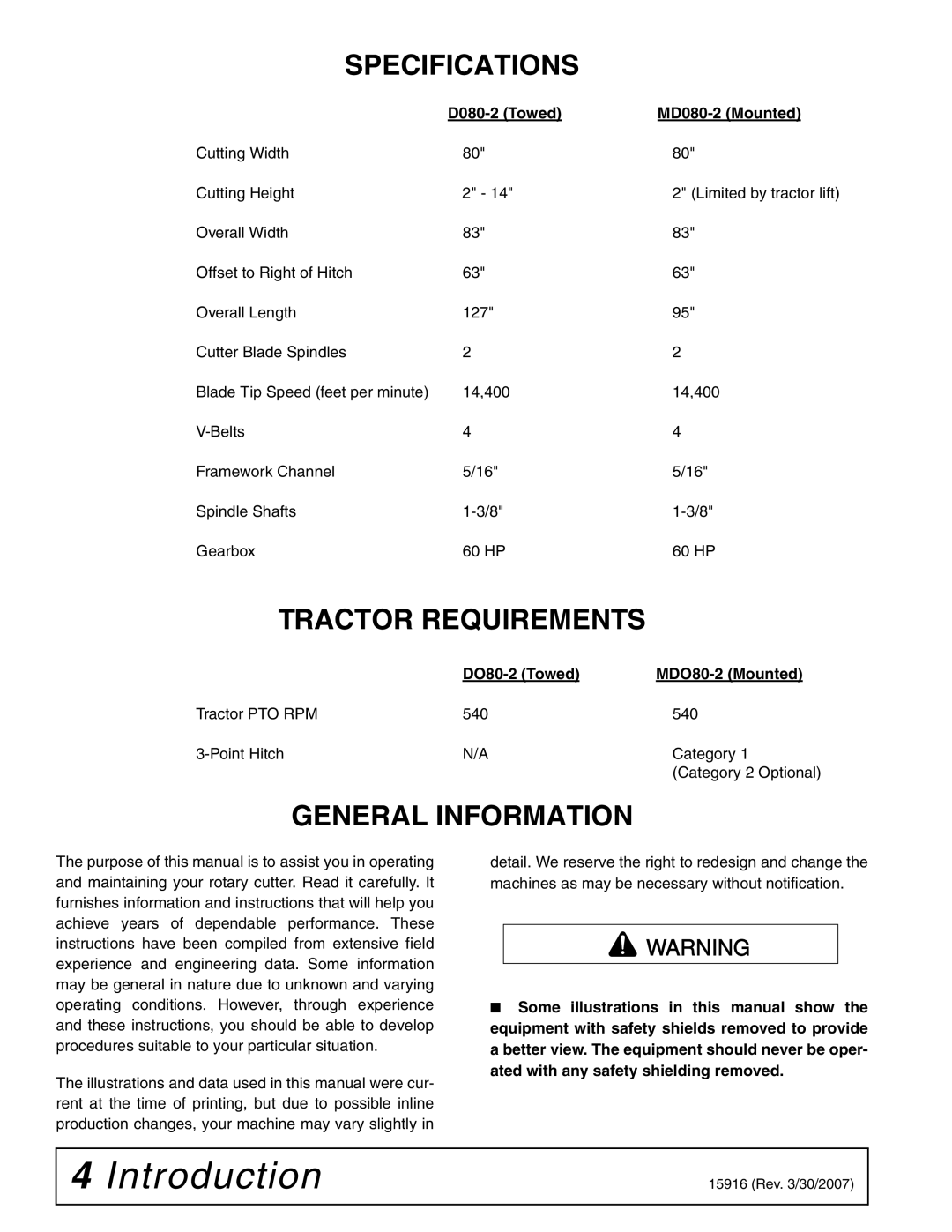 Woods Equipment MDO80-2 manual Specifications, Tractor Requirements, General Information 