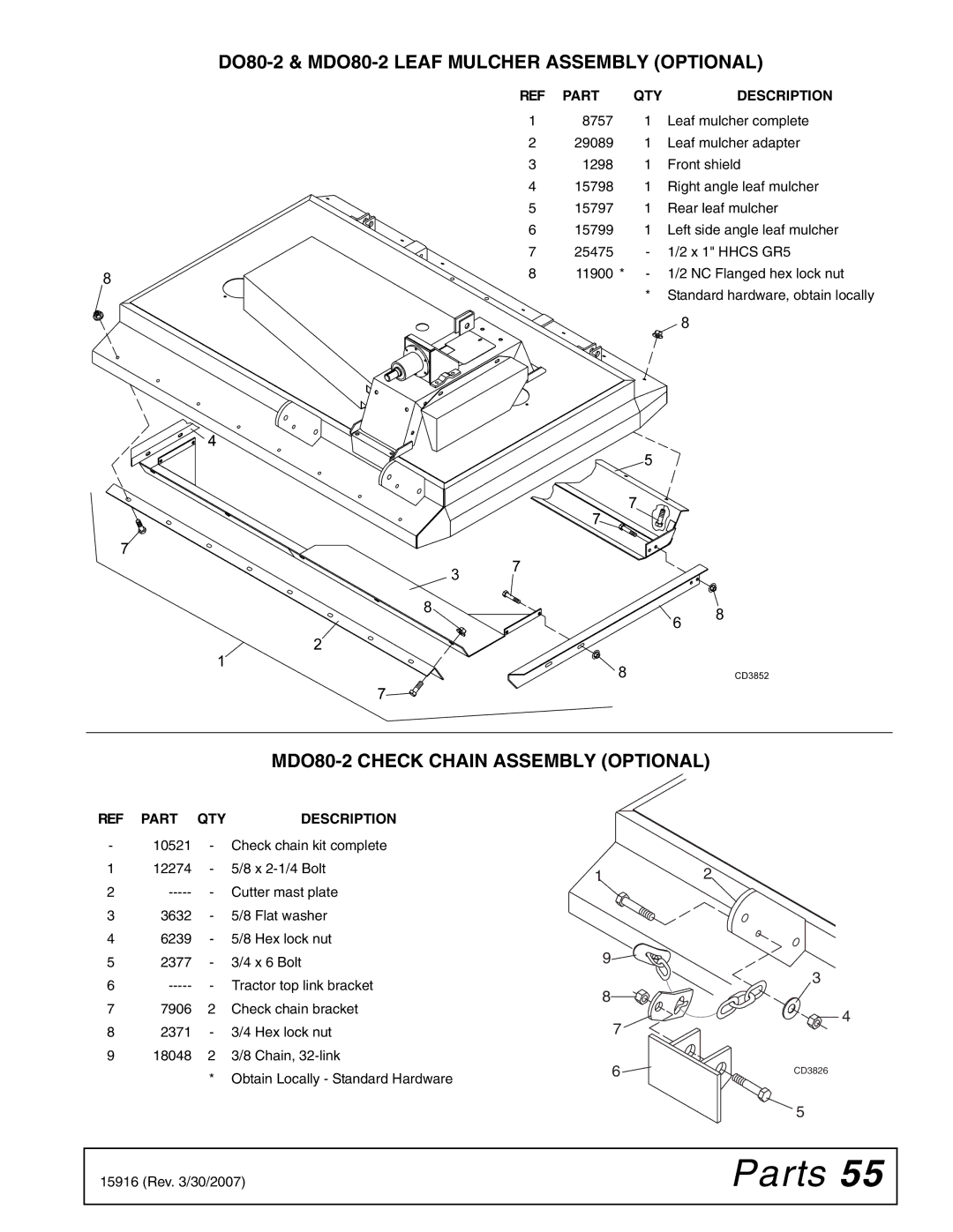 Woods Equipment manual DO80-2 & MDO80-2 Leaf Mulcher Assembly Optional, MDO80-2 Check Chain Assembly Optional 