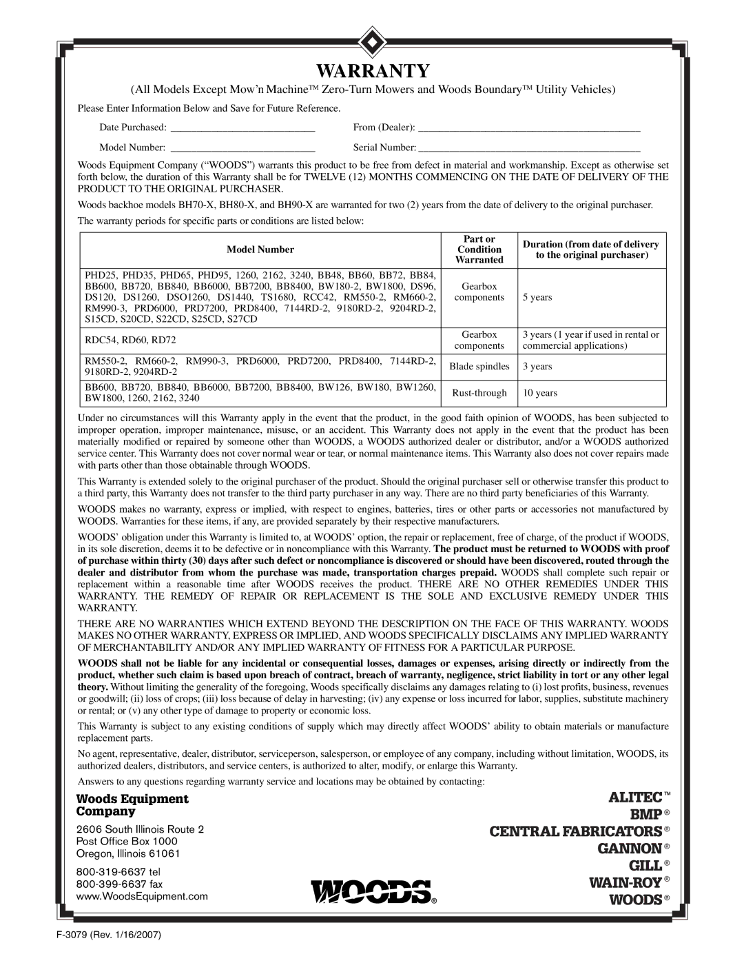 Woods Equipment MDO80-2 manual Warranty 