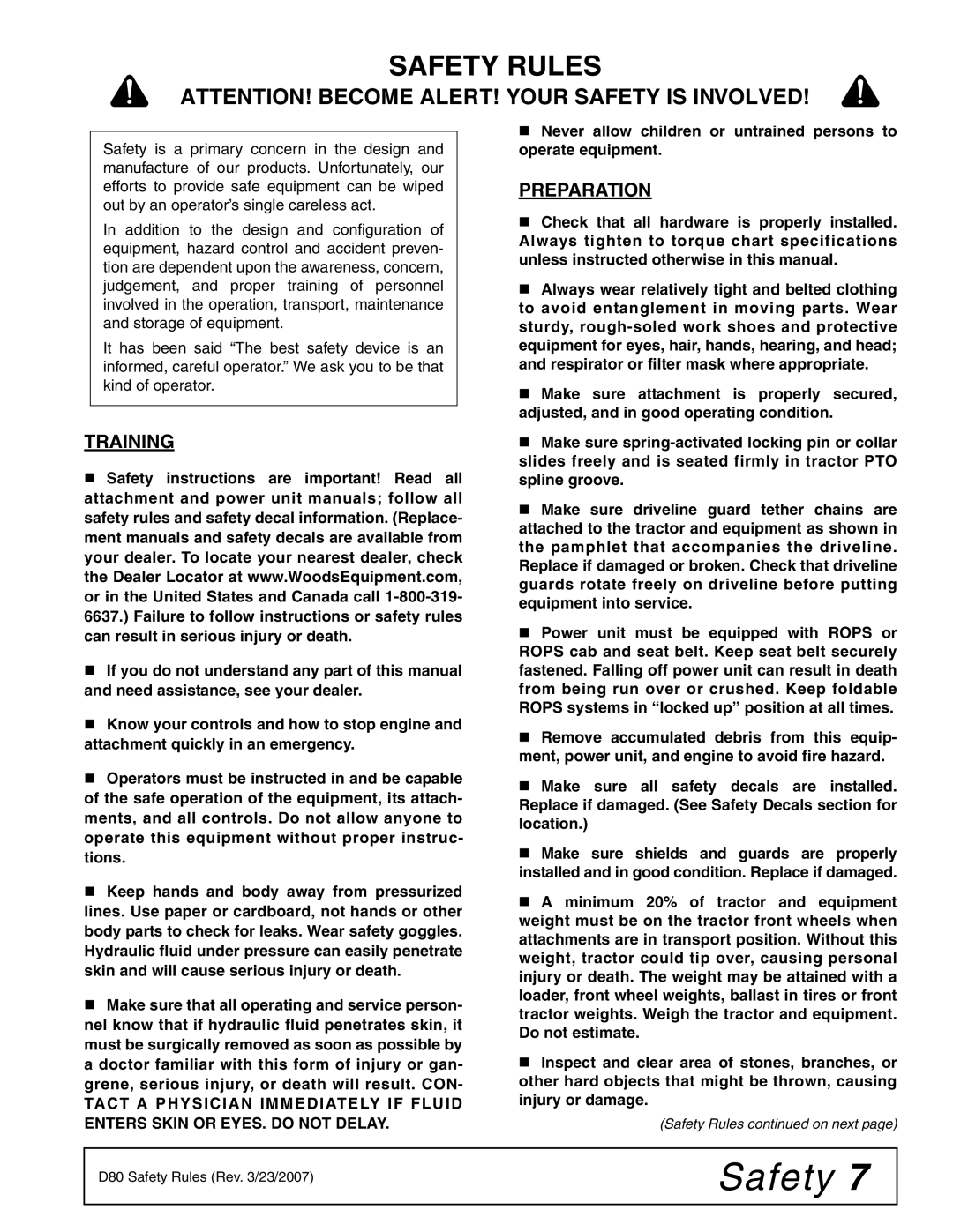 Woods Equipment MDO80-2 manual Safety Rules, Preparation, Training 