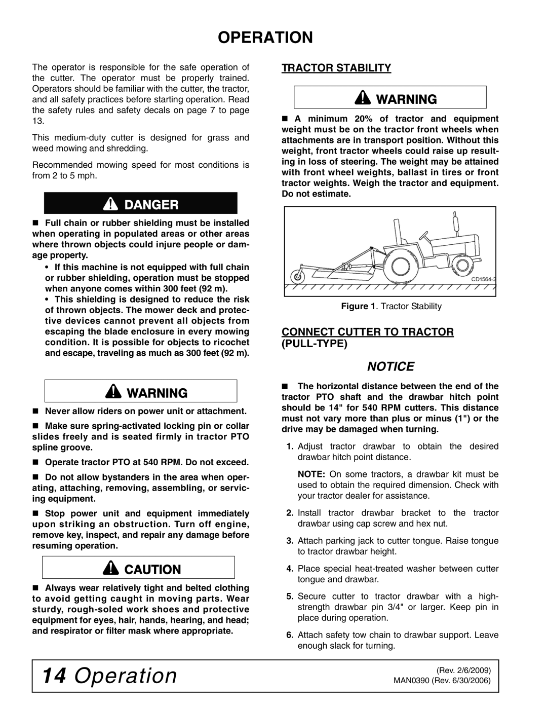 Woods Equipment DS96, DS120 manual Operation, Tractor Stability, Connect Cutter to Tractor PULL-TYPE 