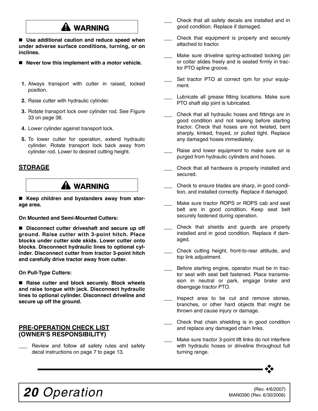 Woods Equipment DS96, DS120 manual Storage, PRE-OPERATION Check List Owners Responsibility 