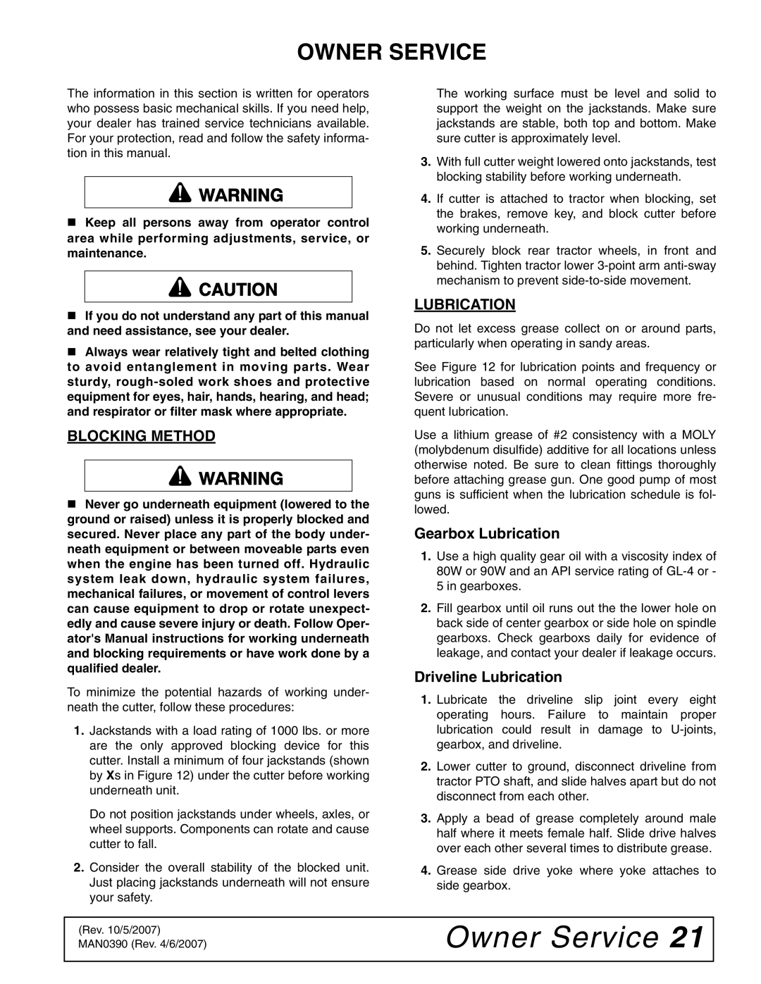 Woods Equipment DS120, DS96 manual Owner Service, Blocking Method, Lubrication 