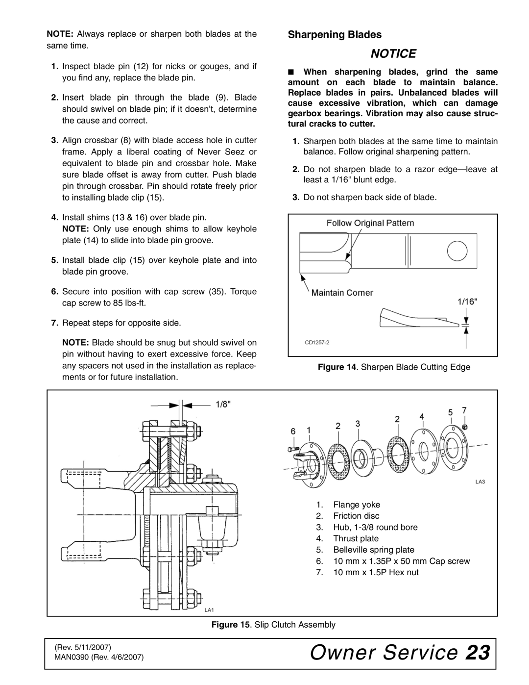 Woods Equipment DS120, DS96 manual Sharpening Blades, Slip Clutch Assembly 