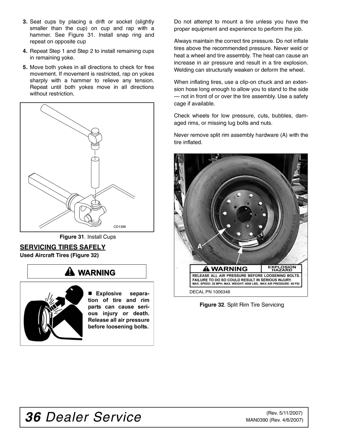 Woods Equipment DS96, DS120 manual Servicing Tires Safely, Install Cups 