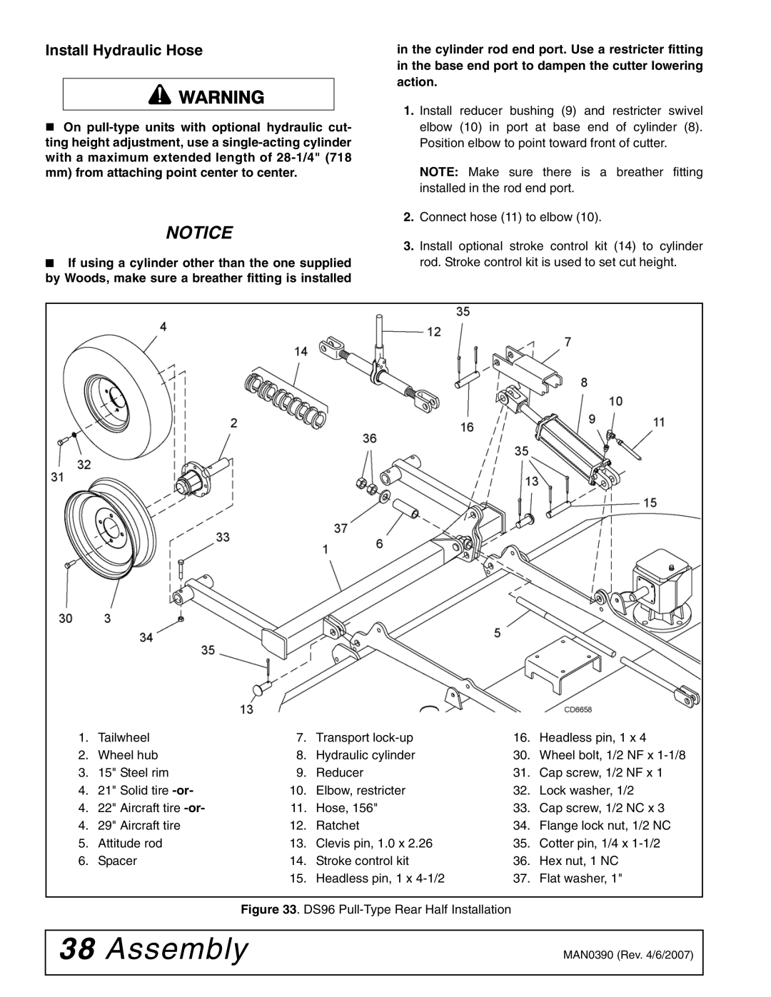 Woods Equipment DS120 manual Install Hydraulic Hose, DS96 Pull-Type Rear Half Installation 