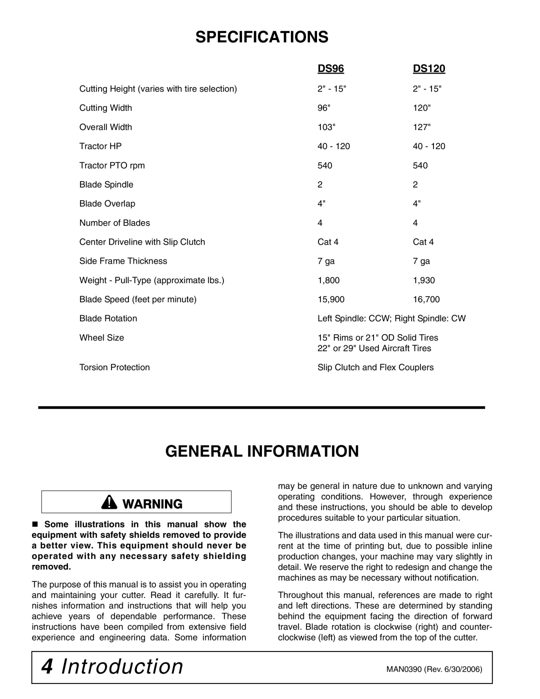 Woods Equipment manual Specifications, General Information, DS96 DS120 