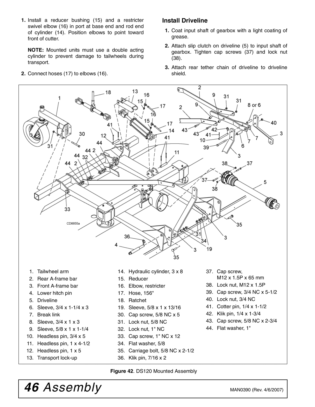 Woods Equipment DS96 manual DS120 Mounted Assembly 