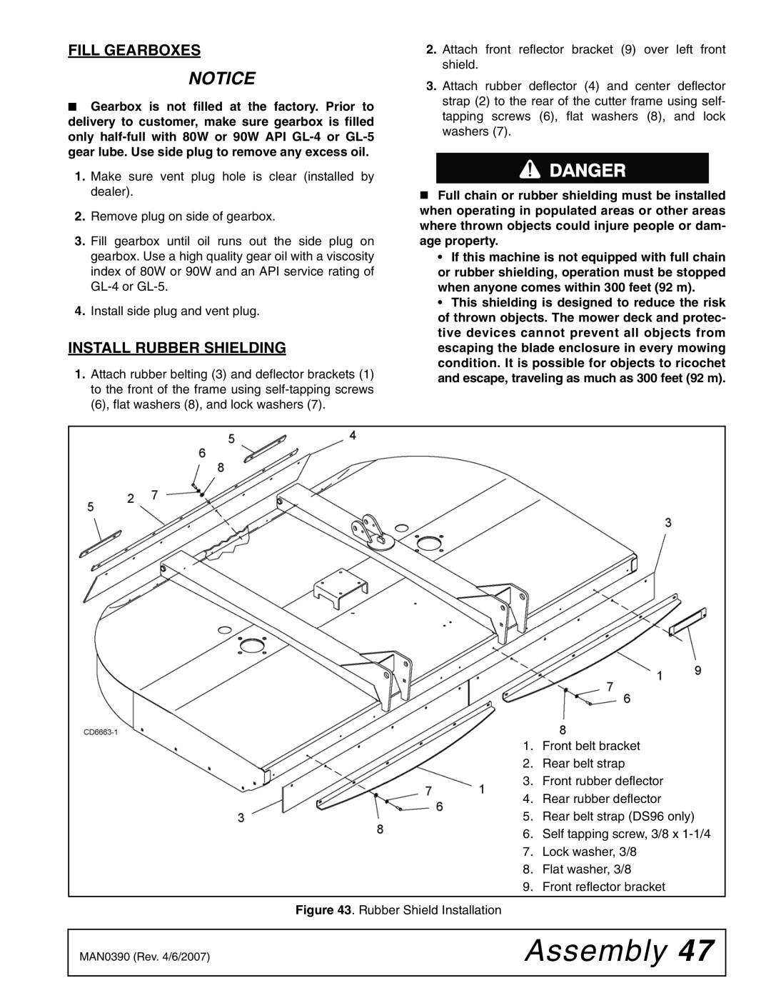 Woods Equipment DS120, DS96 manual Fill Gearboxes, Install Rubber Shielding 