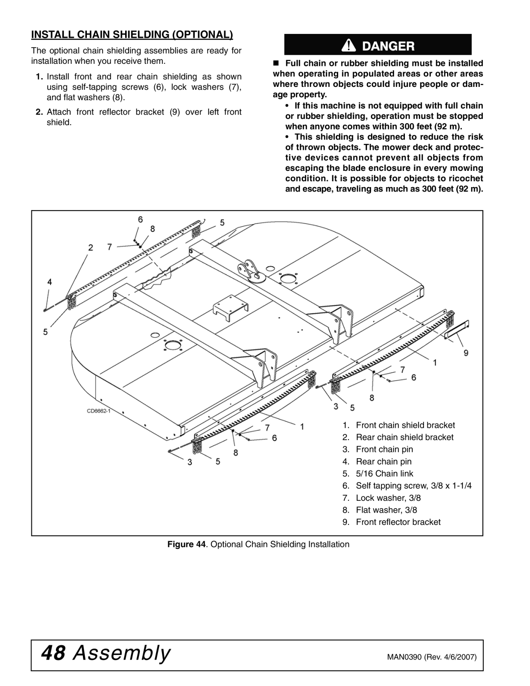 Woods Equipment DS96, DS120 manual Install Chain Shielding Optional, Optional Chain Shielding Installation 