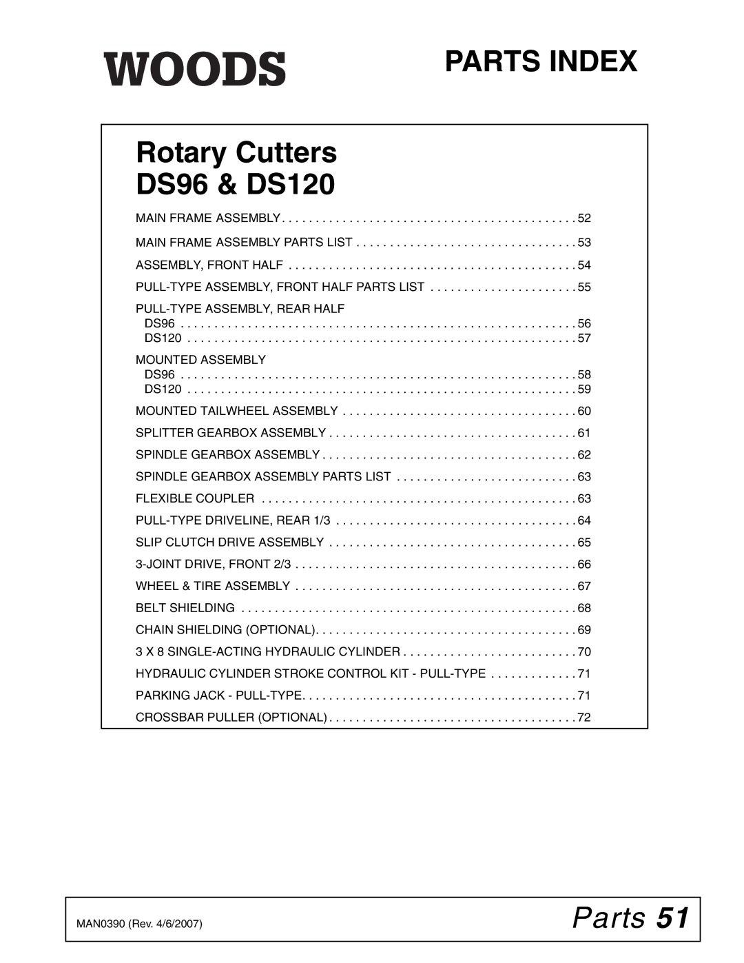 Woods Equipment DS120, DS96 manual Parts Index 