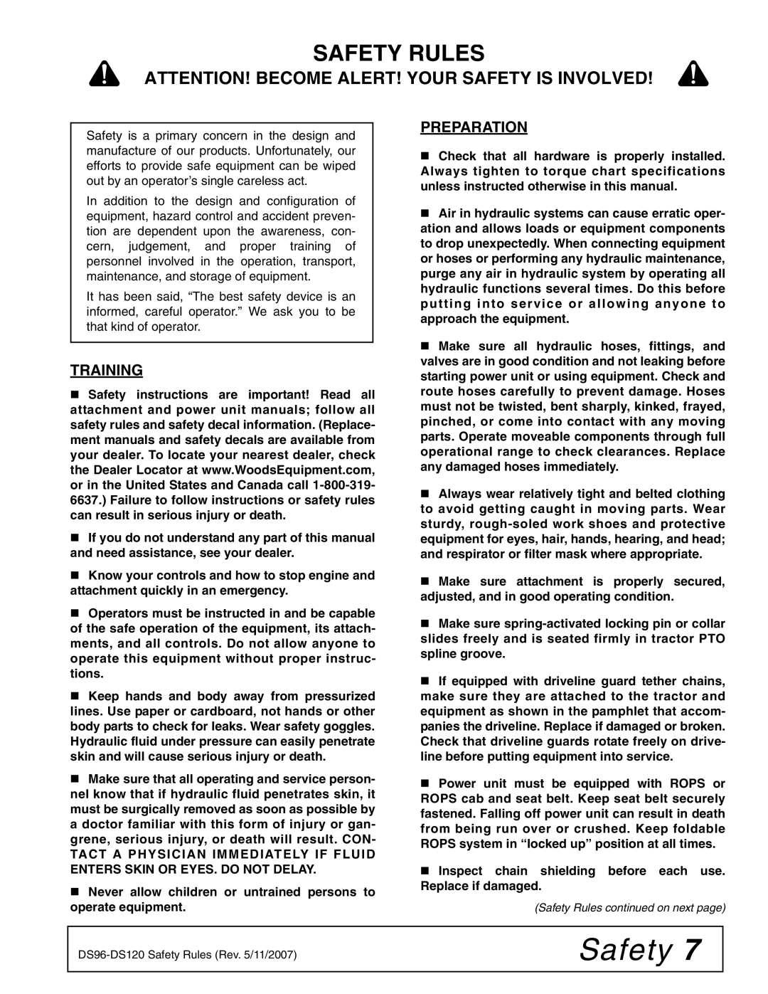 Woods Equipment DS120, DS96 manual Safety Rules, Training, Preparation 