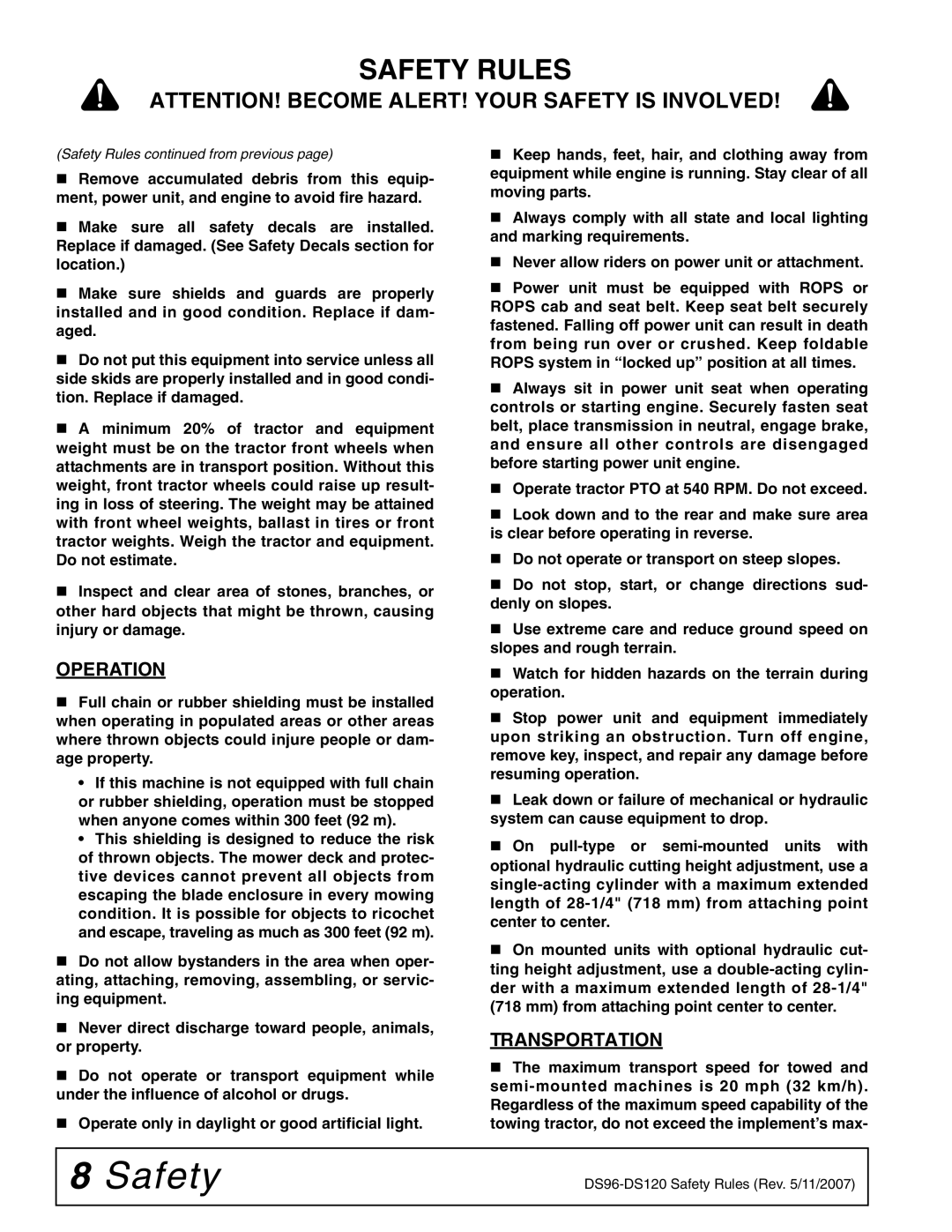 Woods Equipment DS96, DS120 manual Operation, Transportation 