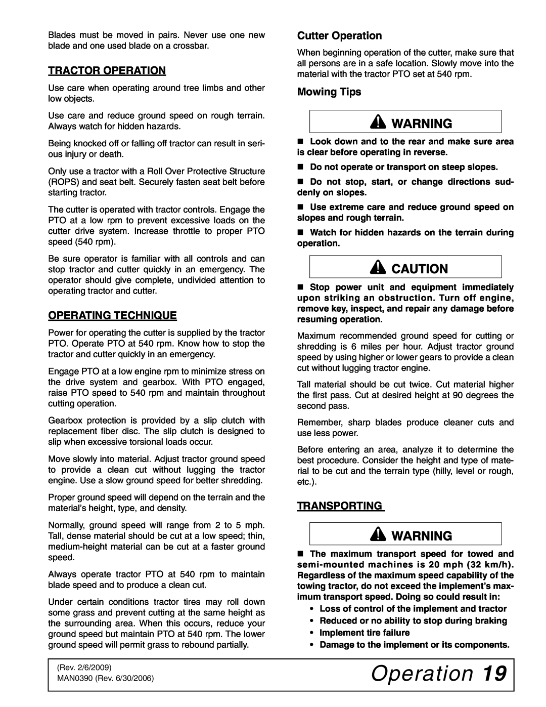 Woods Equipment DS120, DS96 manual Tractor Operation, Operating Technique, Cutter Operation, Mowing Tips, Transporting 